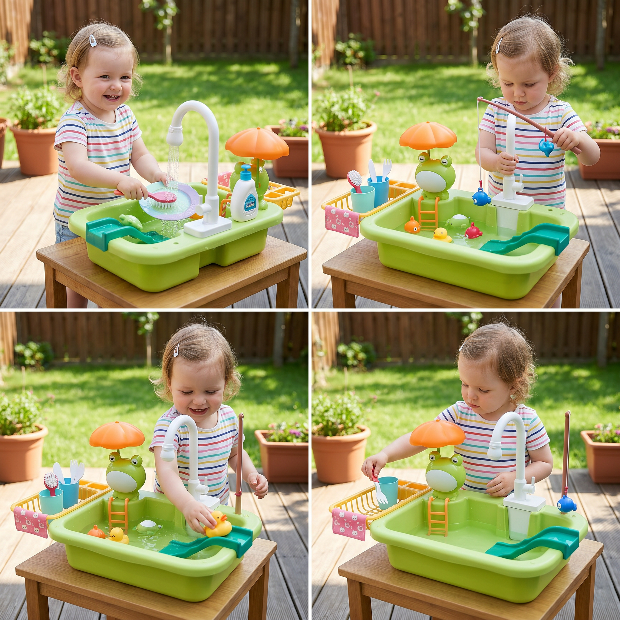 Kinder-Spielküche mit Wasserfunktion, Spülbecken Spielset mit elektrischer Wasserzirkulation & Angelspiel