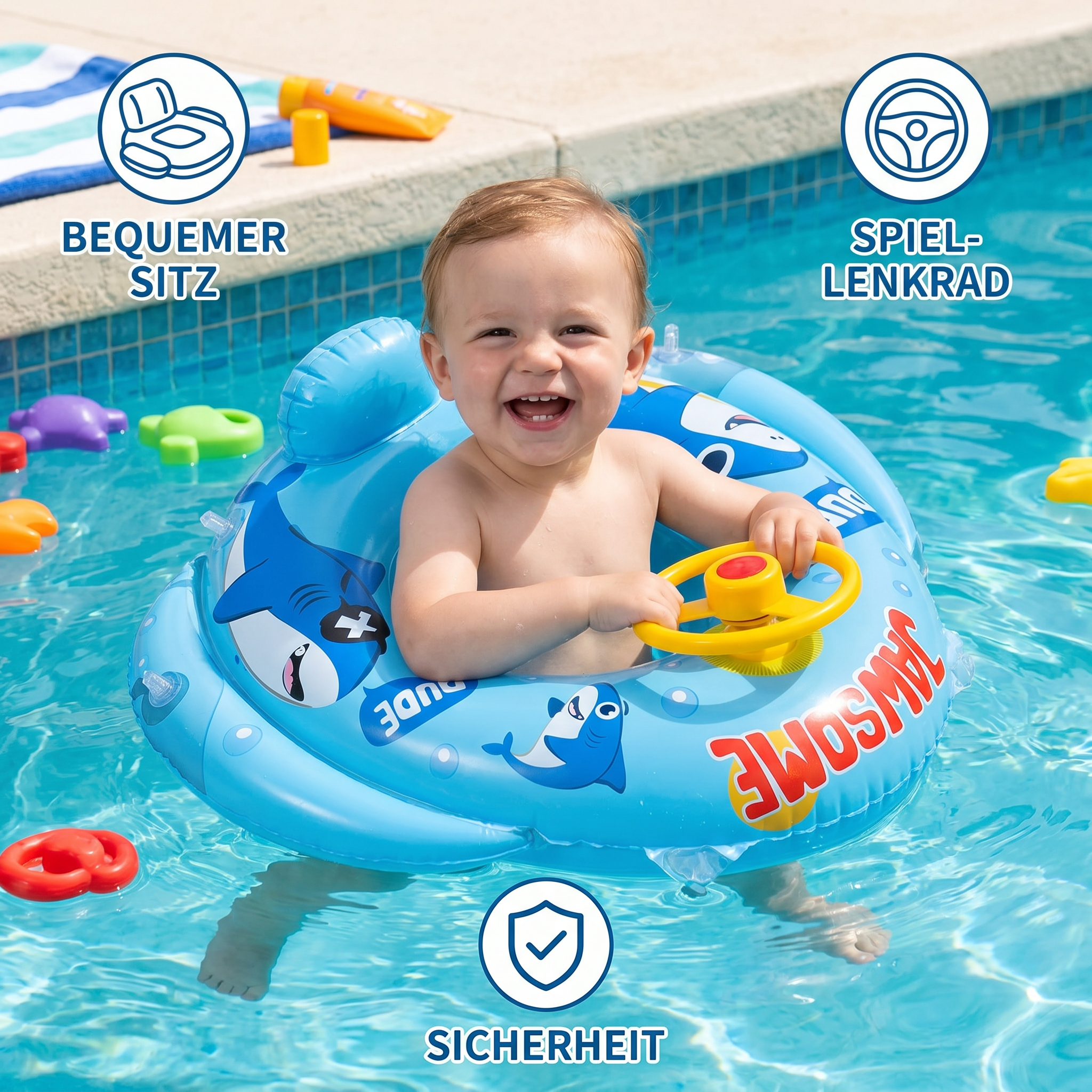 Aufblasbarer Babyschwimmring mit Sitz und Spiel Lenkrad im Hai Design