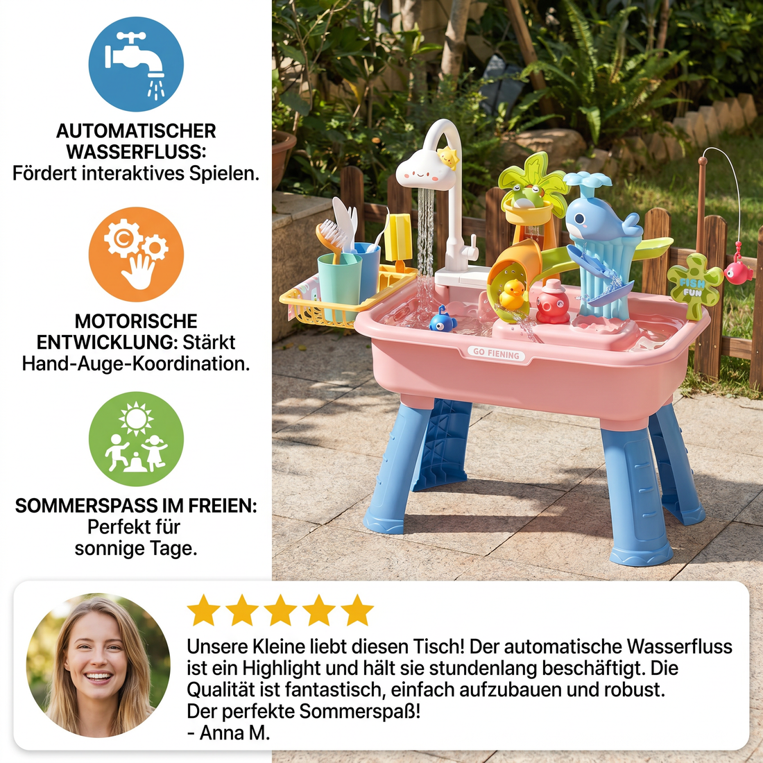 Sommer Wasser-Spieltisch mit automatischem Wasserfluss, Interaktives Spielset für Kinder