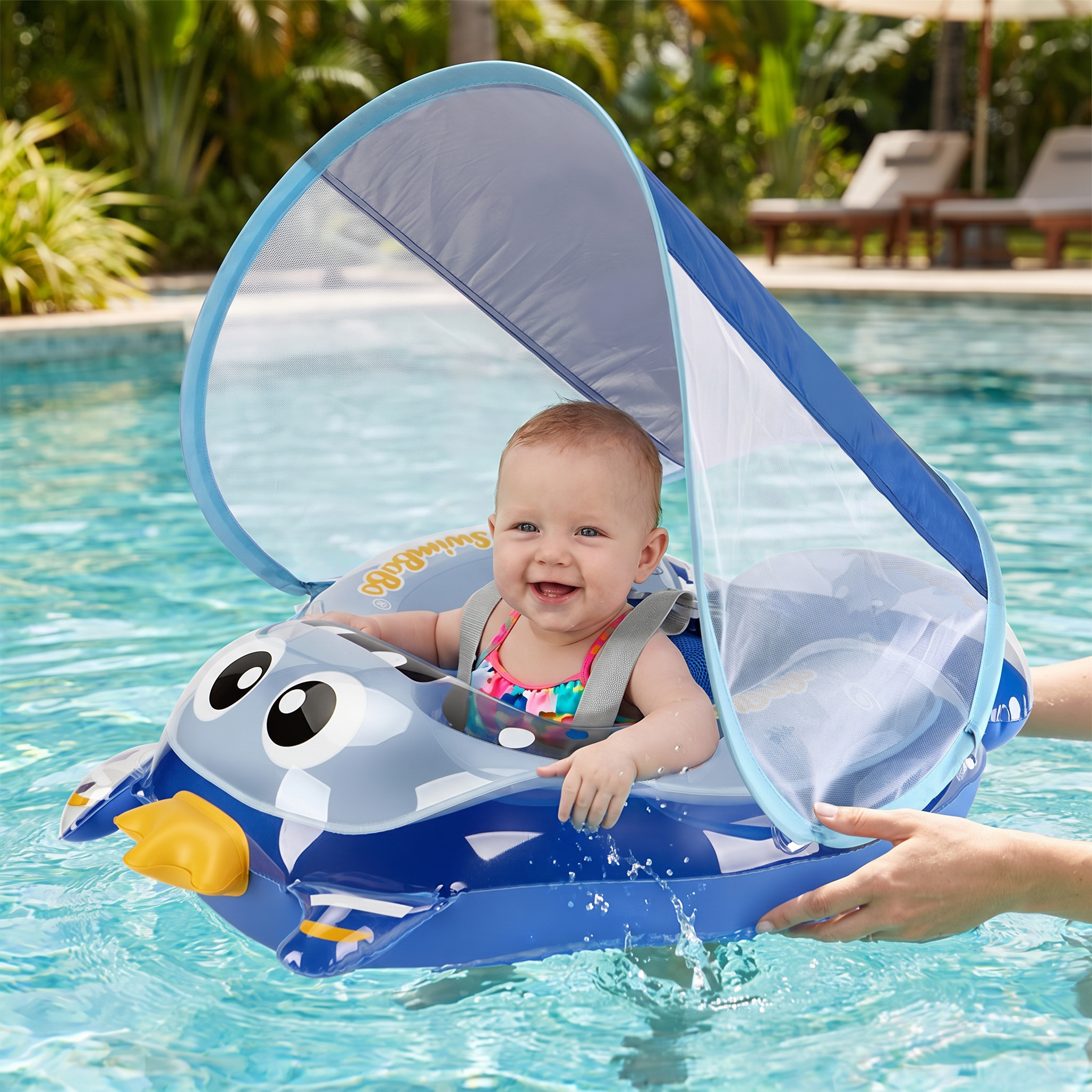 Aufblasbarer Baby-Schwimmring mit Schultergurten & Sonnendach, Sicherer Pool-Sitz für Babys