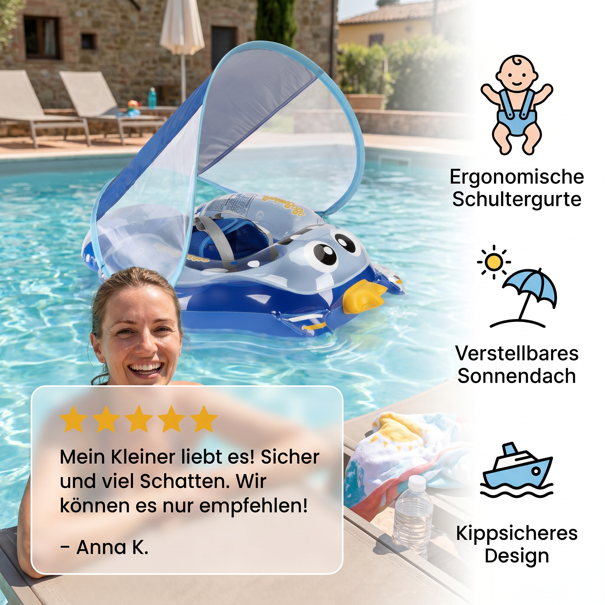 Aufblasbarer Baby-Schwimmring mit Schultergurten & Sonnendach, Sicherer Pool-Sitz für Babys