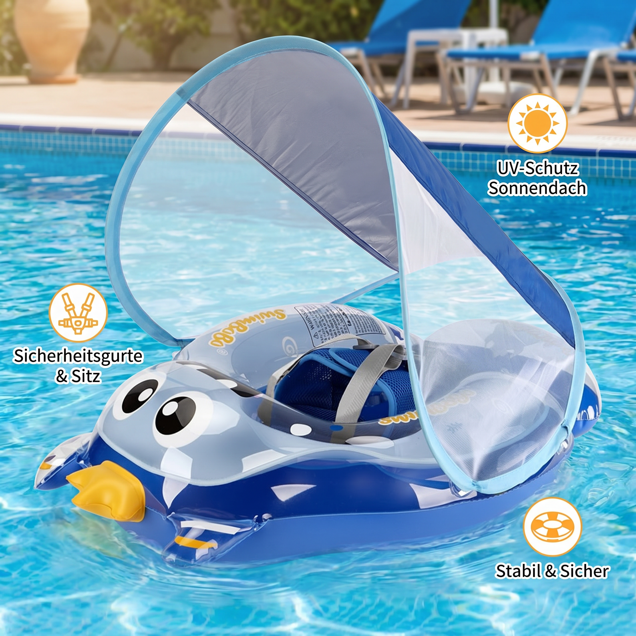 Aufblasbarer Baby-Schwimmring mit Schultergurten & Sonnendach, Sicherer Pool-Sitz für Babys