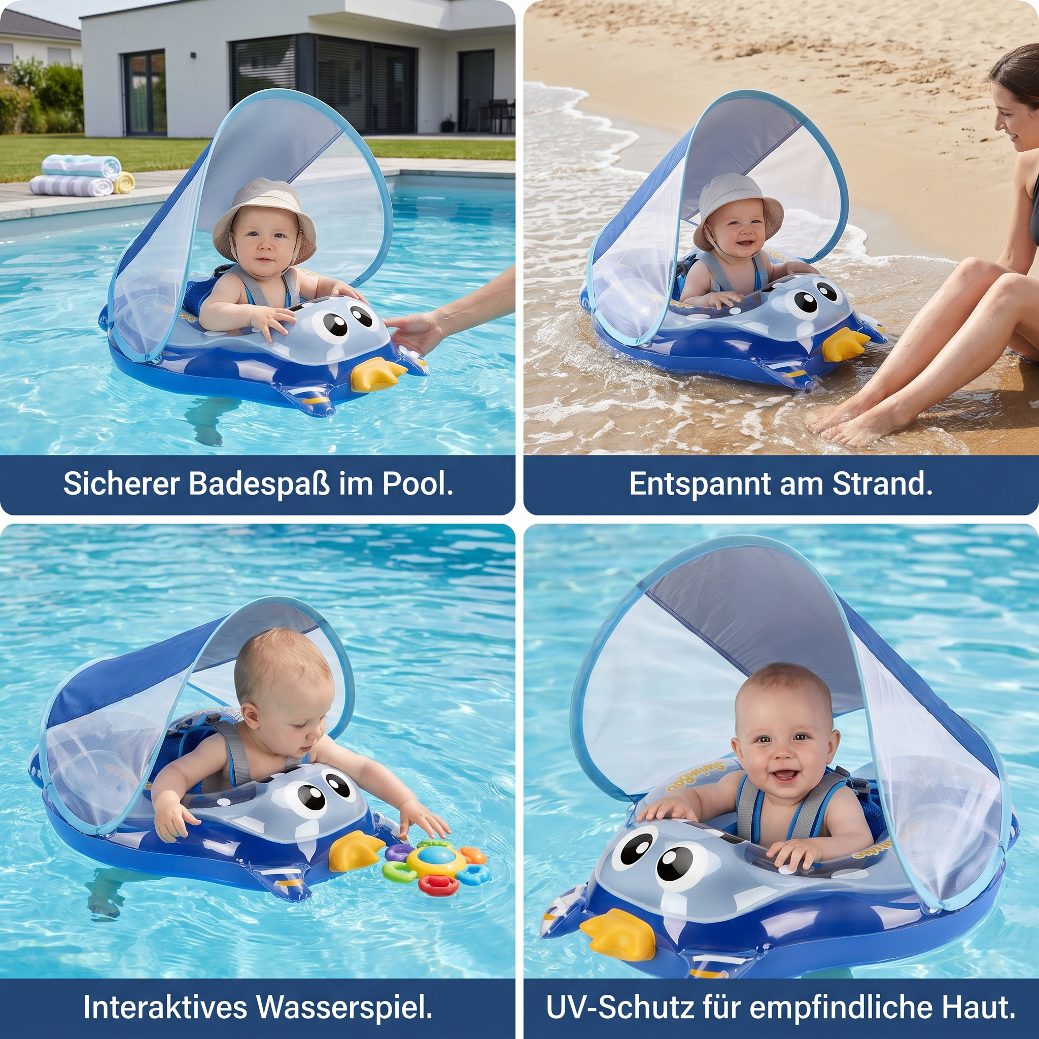 Aufblasbarer Baby-Schwimmring mit Schultergurten & Sonnendach, Sicherer Pool-Sitz für Babys