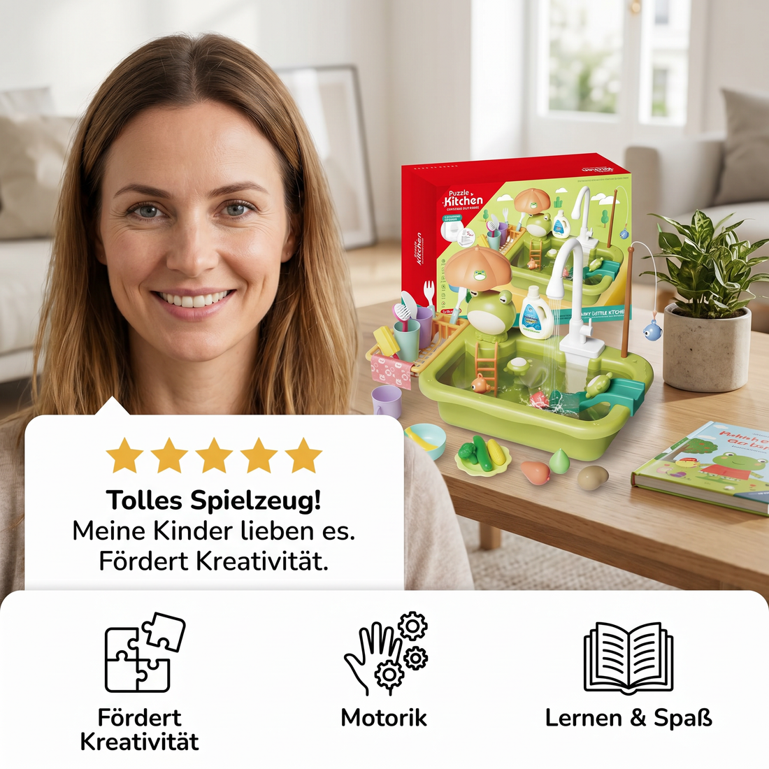 Kinder-Spielküche mit Wasserfunktion, Spülbecken Spielset mit elektrischer Wasserzirkulation & Angelspiel