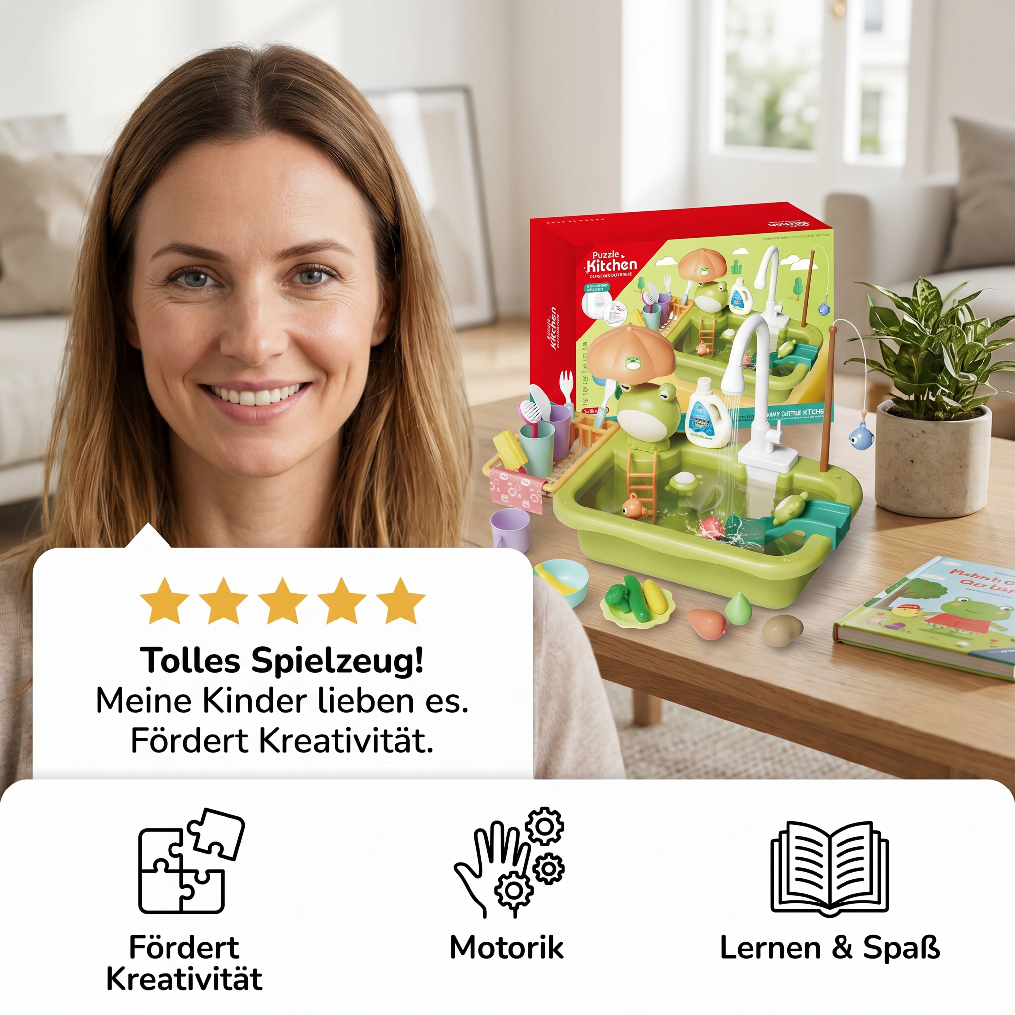Kinder-Spielküche mit Wasserfunktion, Spülbecken Spielset mit elektrischer Wasserzirkulation & Angelspiel