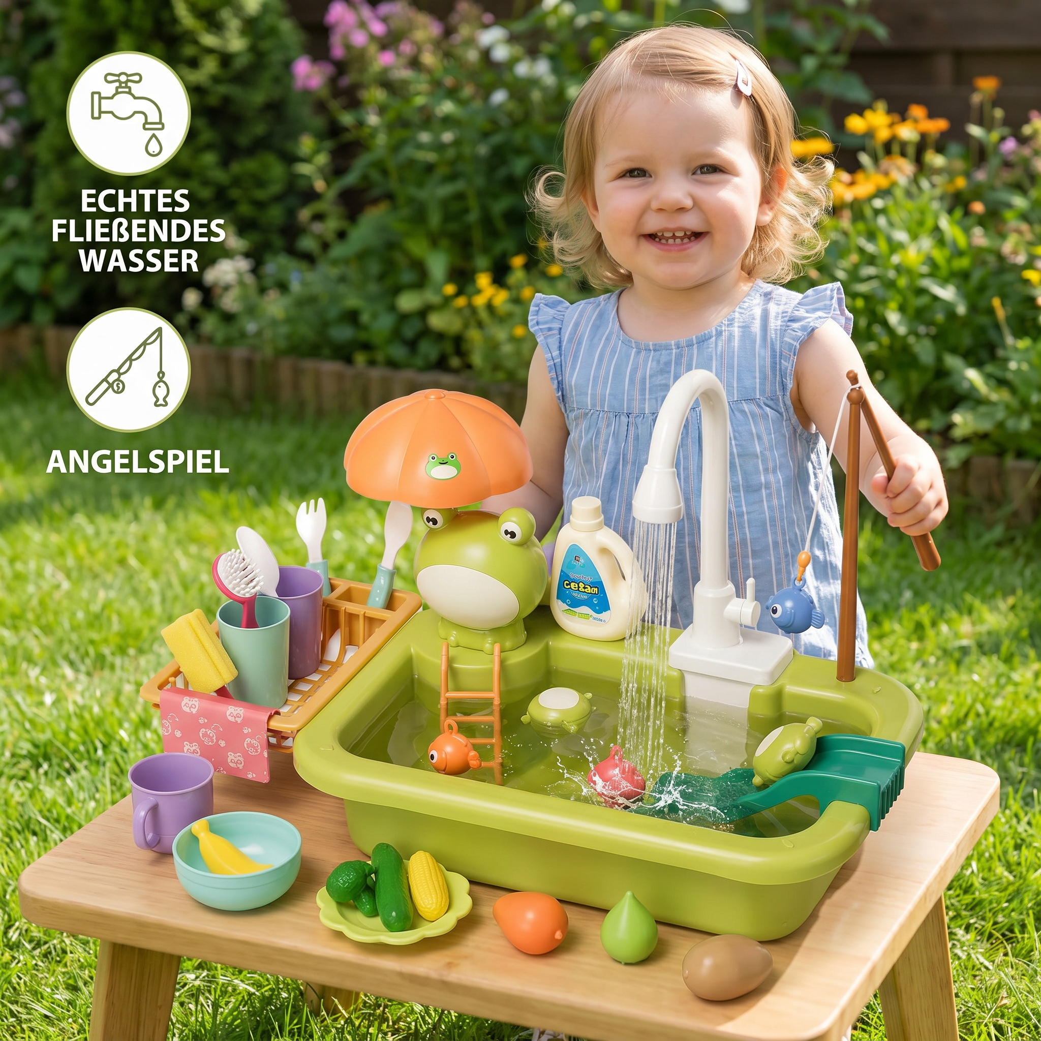 Kinder-Spielküche mit Wasserfunktion, Spülbecken Spielset mit elektrischer Wasserzirkulation & Angelspiel