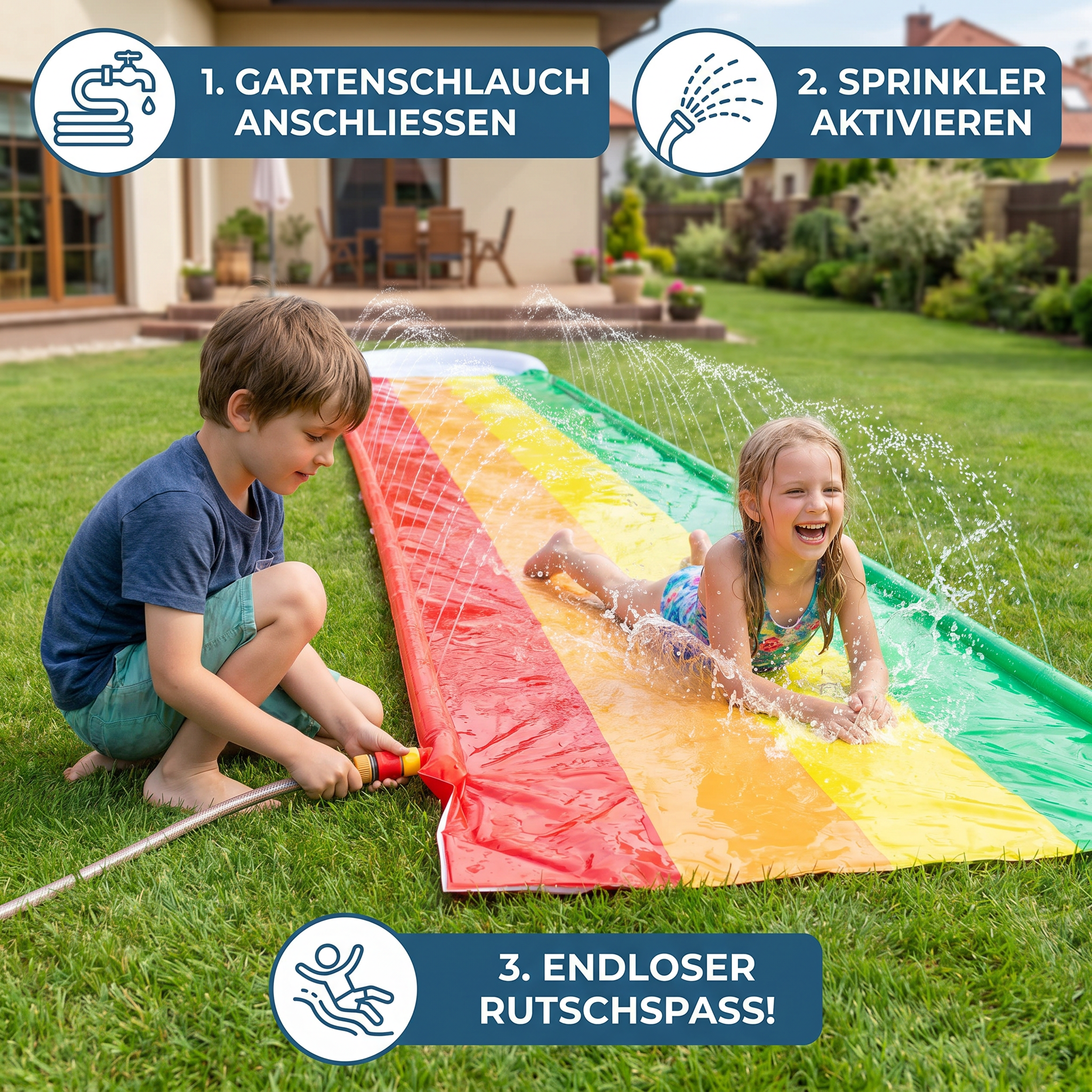 Regenbogen Wasserrutsche, Aufblasbare Outdoor Rutsche für Kinder & Familie