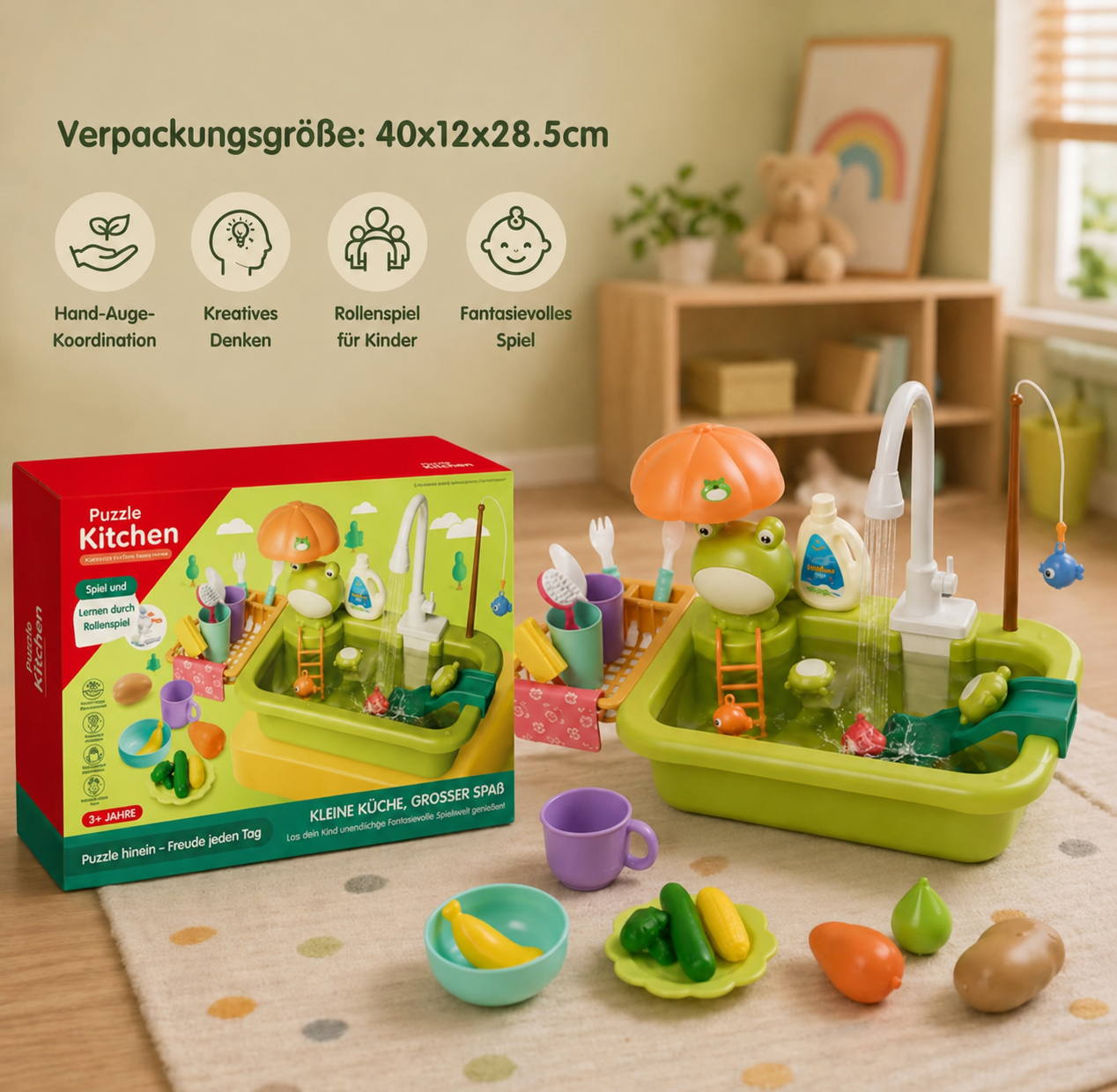 Kinder-Spielküche mit Wasserfunktion, Spülbecken Spielset mit elektrischer Wasserzirkulation & Angelspiel