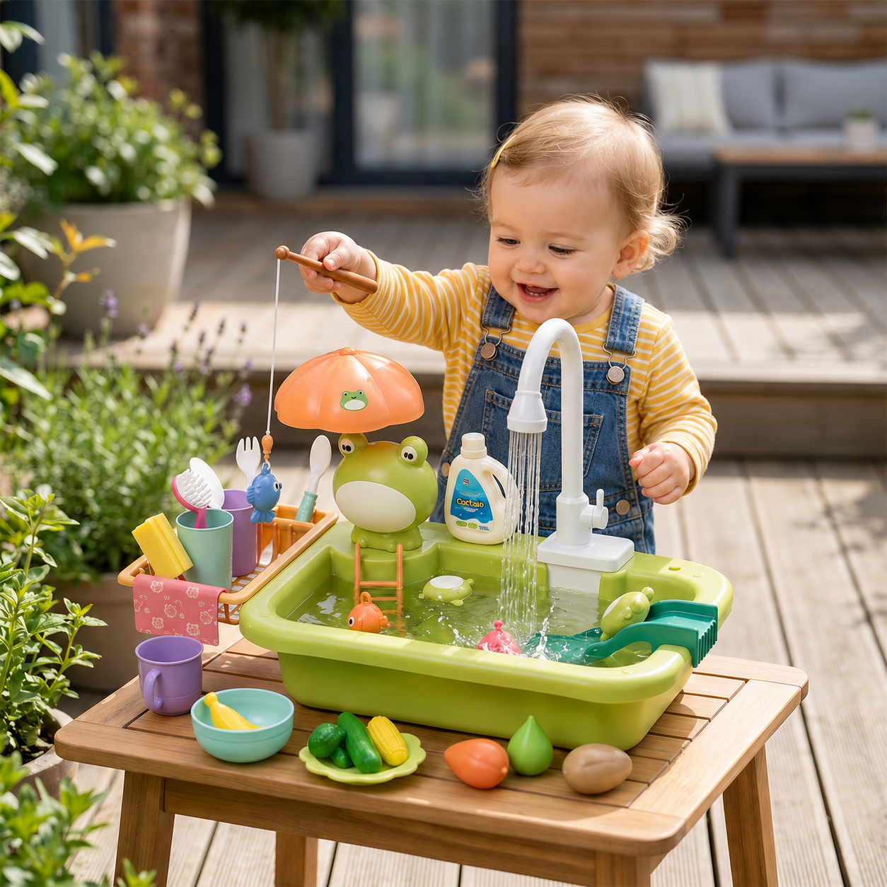 Kinder-Spielküche mit Wasserfunktion, Spülbecken Spielset mit elektrischer Wasserzirkulation & Angelspiel